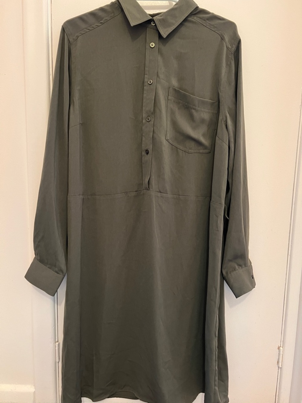 Long Sleeve Collared Shirt Dress - Olive Green